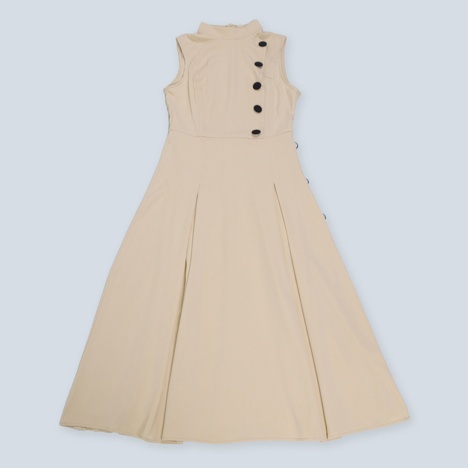 African European American 2025 Spring-Autumn S10993 Elegant Style A-line Neckline Sleeveless Button Decorated Dress Solid Color Pattern Mid-waist Semi-V-neck Fashionable Daily Wear Style