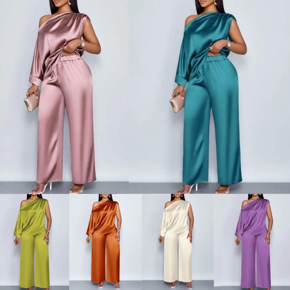 2026 African European Independent Station Summer Casual Women's Satin Suit Slant Collar Three-quarter Sleeve Top + Long Pants Set Solid Color Pattern Pleated Technique Comfortable Casual Style