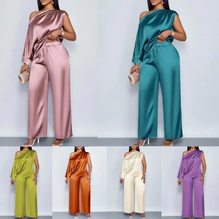 2026 African European Independent Station Summer Casual Women's Satin Suit Slant Collar Three-quarter Sleeve Top + Long Pants Set Solid Color Pattern Pleated Technique Comfortable Casual Style