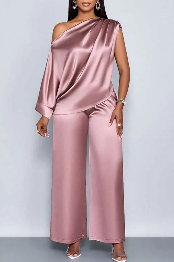 2026 African European Independent Station Summer Casual Women's Satin Suit Slant Collar Three-quarter Sleeve Top + Long Pants Set Solid Color Pattern Pleated Technique Comfortable Casual Style