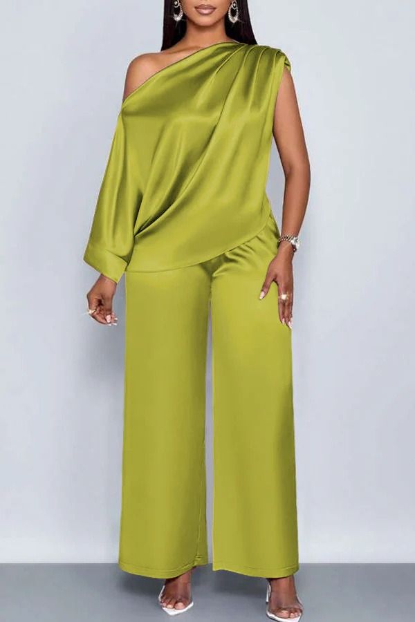 2026 African European Independent Station Summer Casual Women's Satin Suit Slant Collar Three-quarter Sleeve Top + Long Pants Set Solid Color Pattern Pleated Technique Comfortable Casual Style