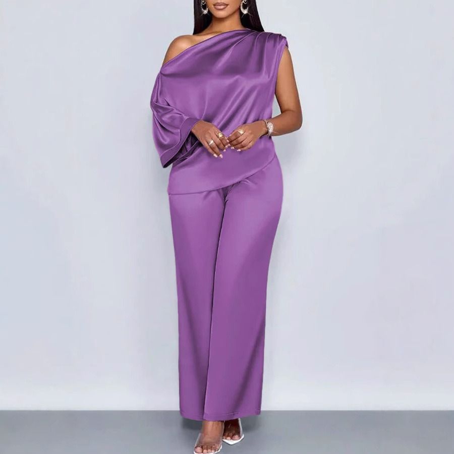 2026 African European Independent Station Summer Casual Women's Satin Suit Slant Collar Three-quarter Sleeve Top + Long Pants Set Solid Color Pattern Pleated Technique Comfortable Casual Style