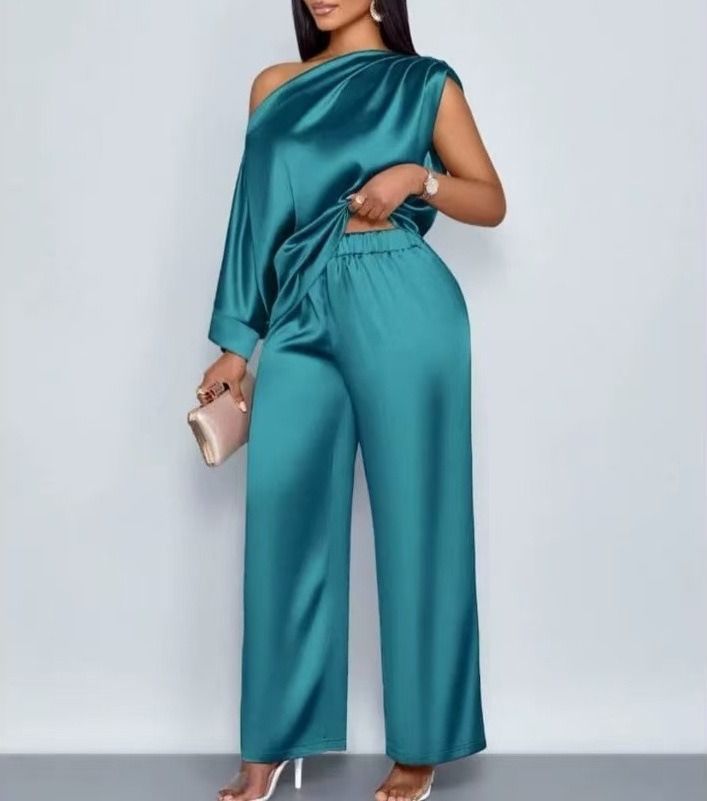 2026 African European Independent Station Summer Casual Women's Satin Suit Slant Collar Three-quarter Sleeve Top + Long Pants Set Solid Color Pattern Pleated Technique Comfortable Casual Style