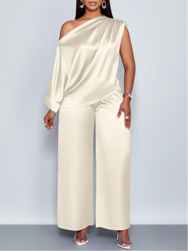 2026 African European Independent Station Summer Casual Women's Satin Suit Slant Collar Three-quarter Sleeve Top + Long Pants Set Solid Color Pattern Pleated Technique Comfortable Casual Style