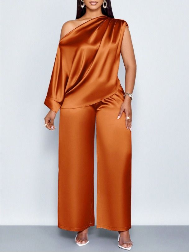 2026 African European Independent Station Summer Casual Women's Satin Suit Slant Collar Three-quarter Sleeve Top + Long Pants Set Solid Color Pattern Pleated Technique Comfortable Casual Style