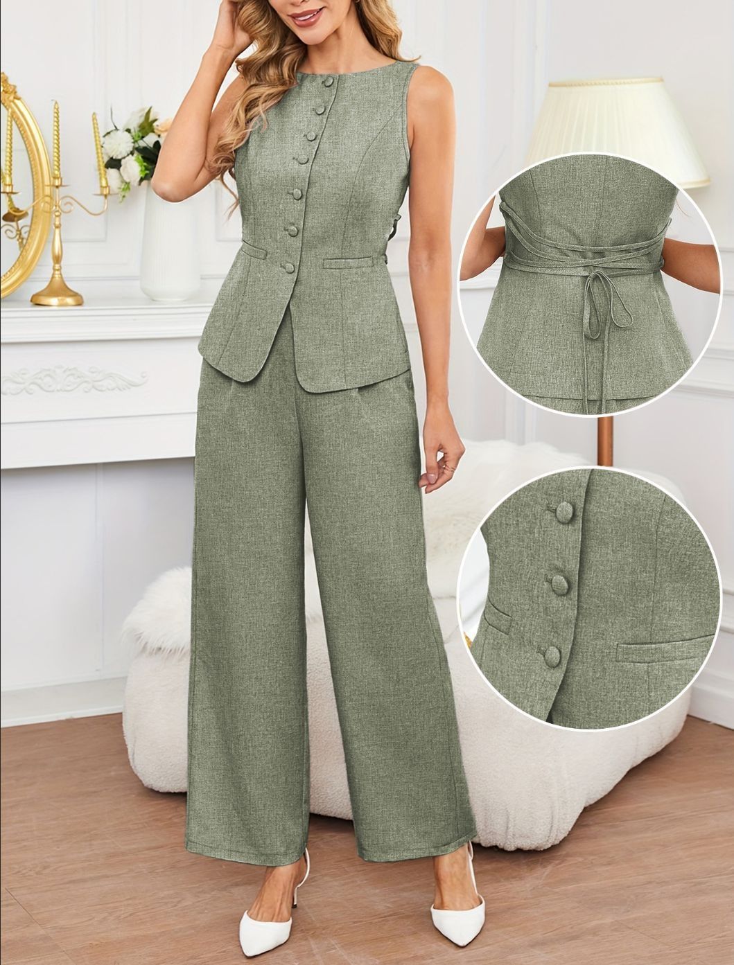 2026 African European Spring-Summer Lightweight Breathable Women's Two-Piece Set - Sleeveless Top with Belt Waist Contouring French-style Wide Leg Pants Fashion Set Solid-color Patterns Elegant Style