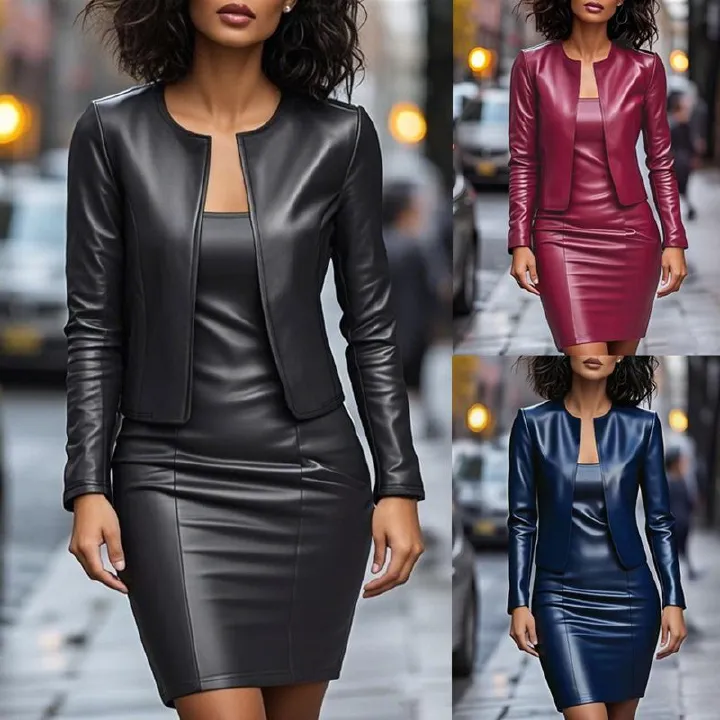 2026 African European Amazon Spring-Summer New stylish Figure-hugging Slim-fit Business Casual Long-sleeved PU Leather Coat + Skirt Women's Set Solid Color Patterns Patchwork Technique Elegant Style