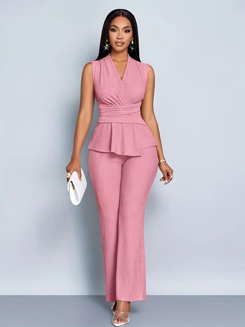 2026 African European Spring-Summer Women's Two-piece Set - Elegant & Slimming V-neck Sleeveless Irregular T-shirt + Wide-leg Pants Casual Set Pleated Design Solid Color Pattern Elegant Style