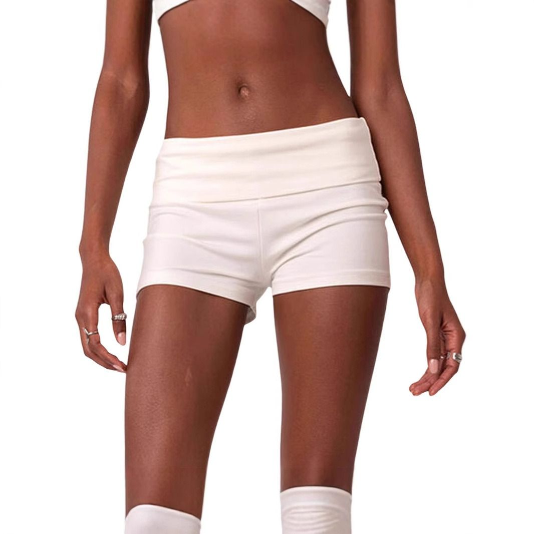 European and American style new style folding waist striped short women's basic tight-fitting low-waist bottoming casual hot pants summer