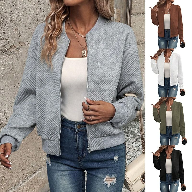 2025 autumn and winter new solid color zipper jacket baseball collar casual jacket ladies