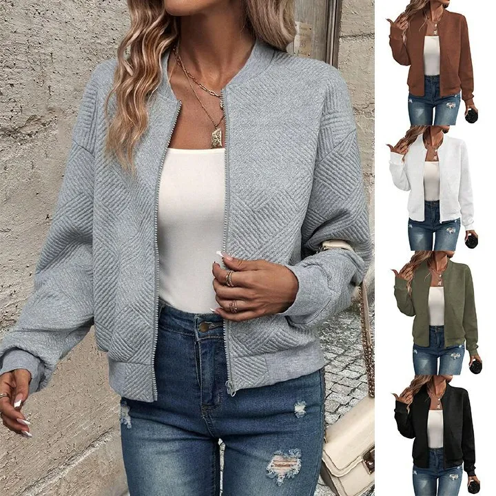 2025 autumn and winter new solid color zipper jacket baseball collar casual jacket ladies
