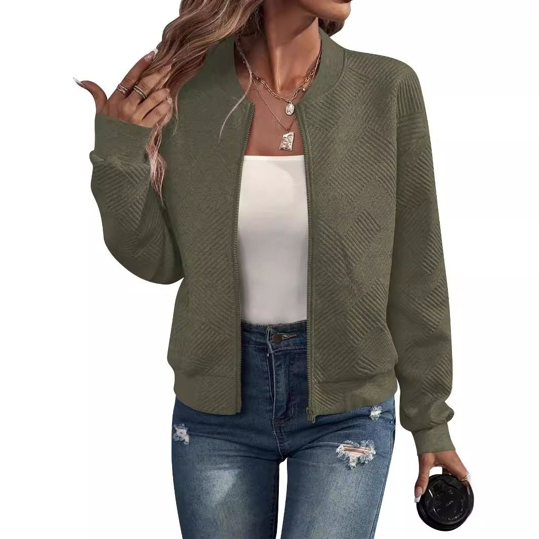 2025 autumn and winter new solid color zipper jacket baseball collar casual jacket ladies