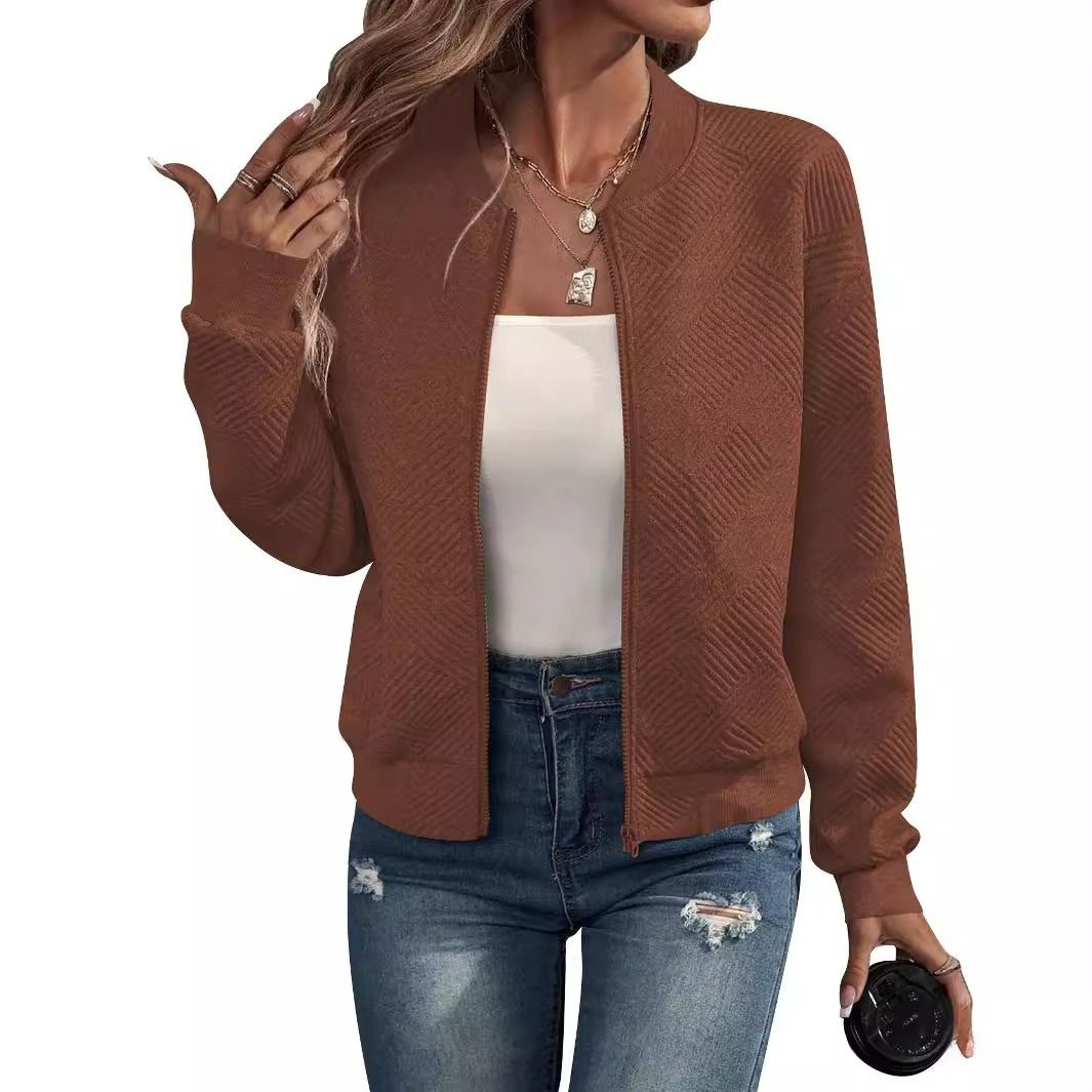 2025 autumn and winter new solid color zipper jacket baseball collar casual jacket ladies