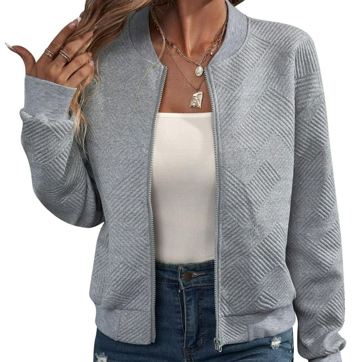 2025 autumn and winter new solid color zipper jacket baseball collar casual jacket ladies