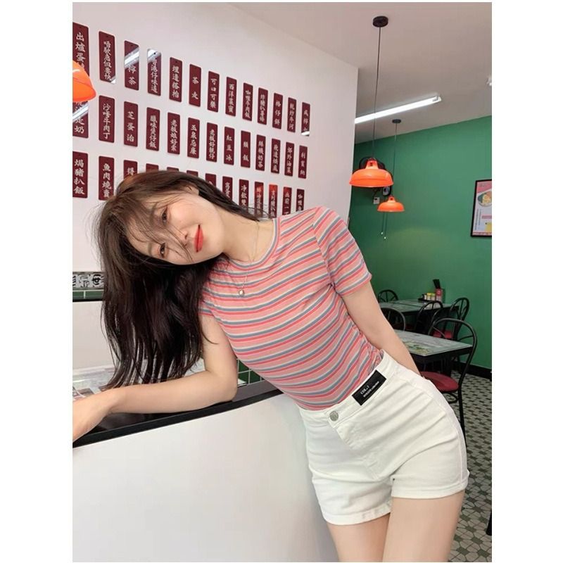Denim shorts women's tight-fitting 2025 new spring and summer European and American thin bottoming hot pants hip-lifting high-waist stretch shorts