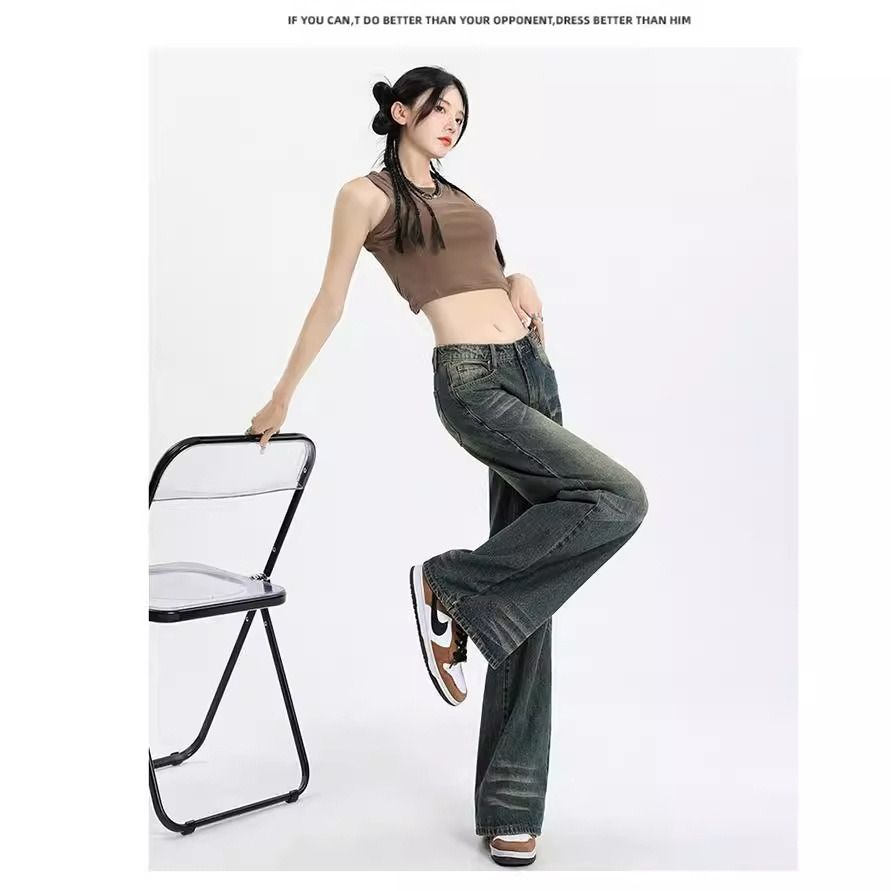 American retro low-waist wide-leg jeans women's 2024 new design sense hot girl loose distressed straight mopping pants