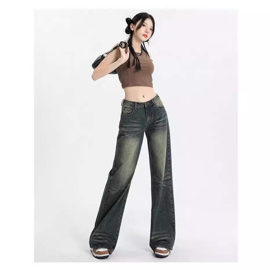 American retro low-waist wide-leg jeans women's 2024 new design sense hot girl loose distressed straight mopping pants