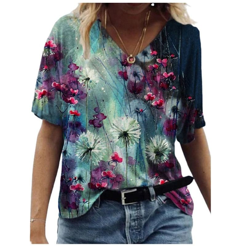 2021 summer European and American new short-sleeved women's summer new T-shirt floral oil painting printing spot T-shirt