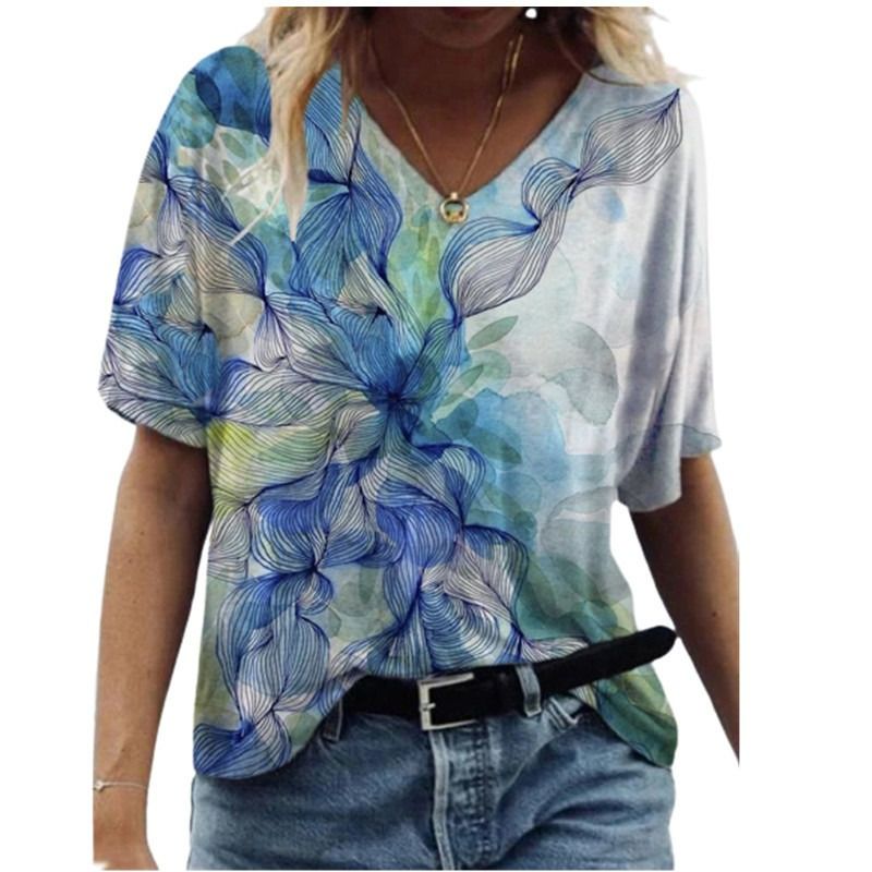 2021 summer European and American new short-sleeved women's summer new T-shirt floral oil painting printing spot T-shirt