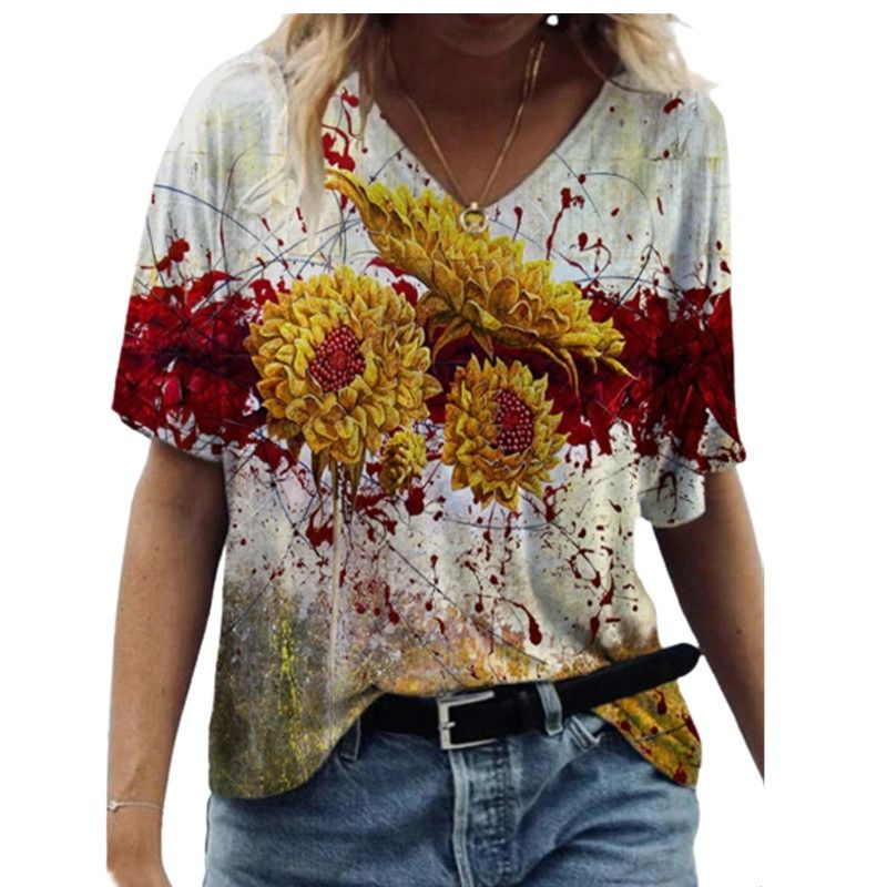 2021 summer European and American new short-sleeved women's summer new T-shirt floral oil painting printing spot T-shirt
