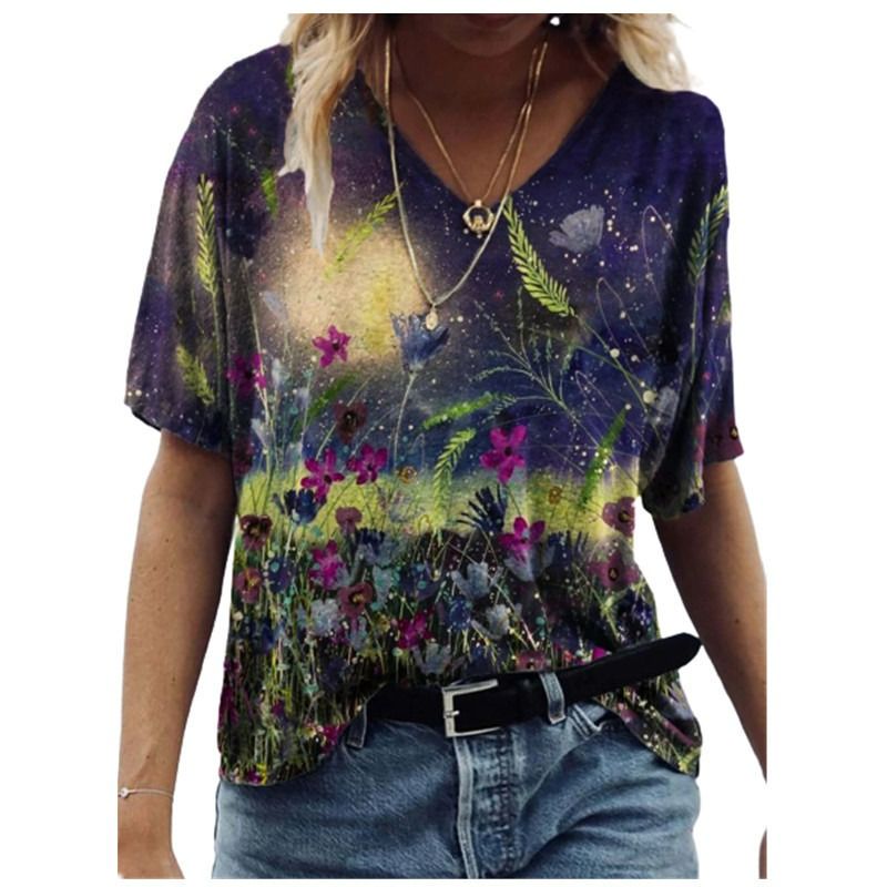 2021 summer European and American new short-sleeved women's summer new T-shirt floral oil painting printing spot T-shirt