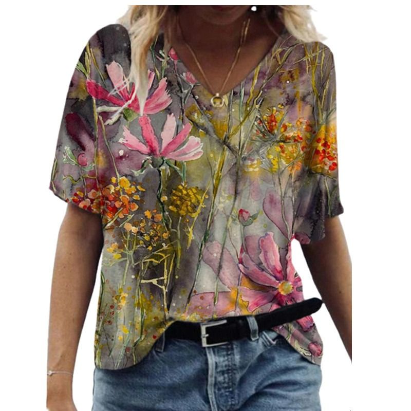 2021 summer European and American new short-sleeved women's summer new T-shirt floral oil painting printing spot T-shirt