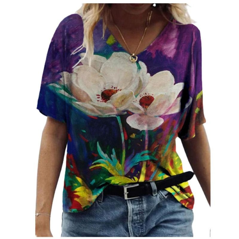 2021 summer European and American new short-sleeved women's summer new T-shirt floral oil painting printing spot T-shirt