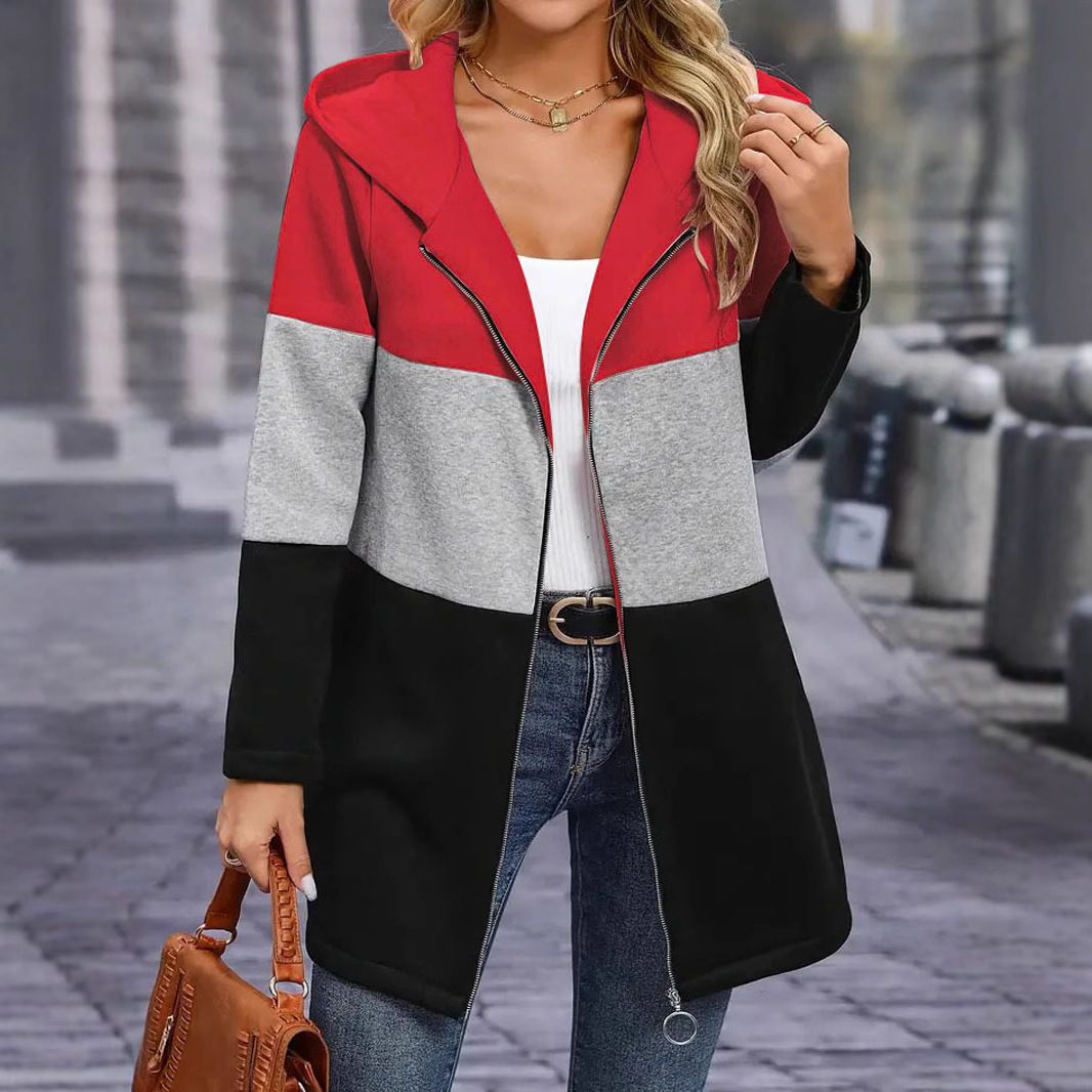 Autumn and winter women's casual fashion loose contrast color three-color stitching hooded jacket women's clothing