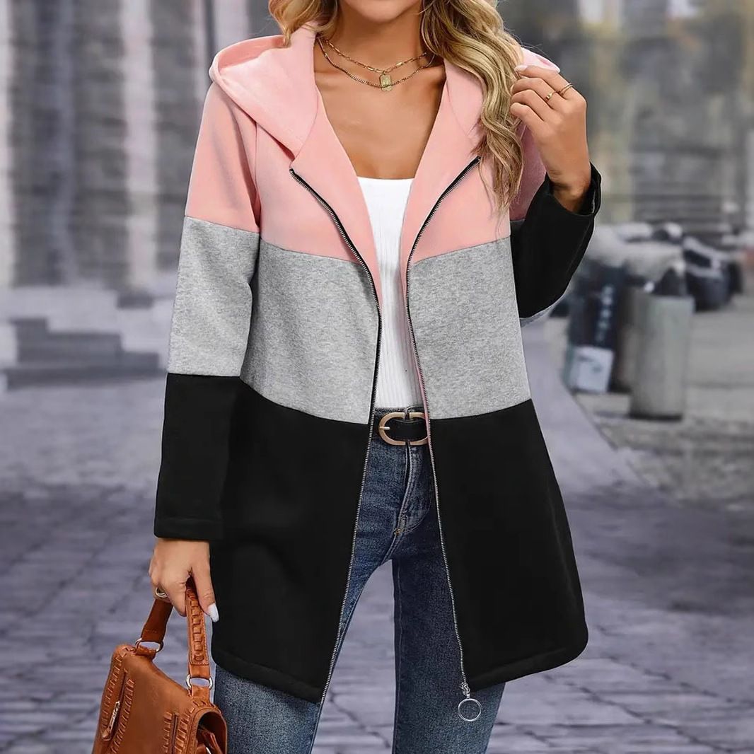 Autumn and winter women's casual fashion loose contrast color three-color stitching hooded jacket women's clothing