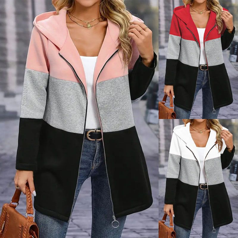 Autumn and winter women's casual fashion loose contrast color three-color stitching hooded jacket women's clothing