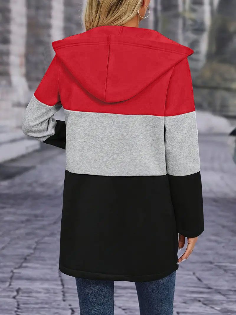 Autumn and winter women's casual fashion loose contrast color three-color stitching hooded jacket women's clothing