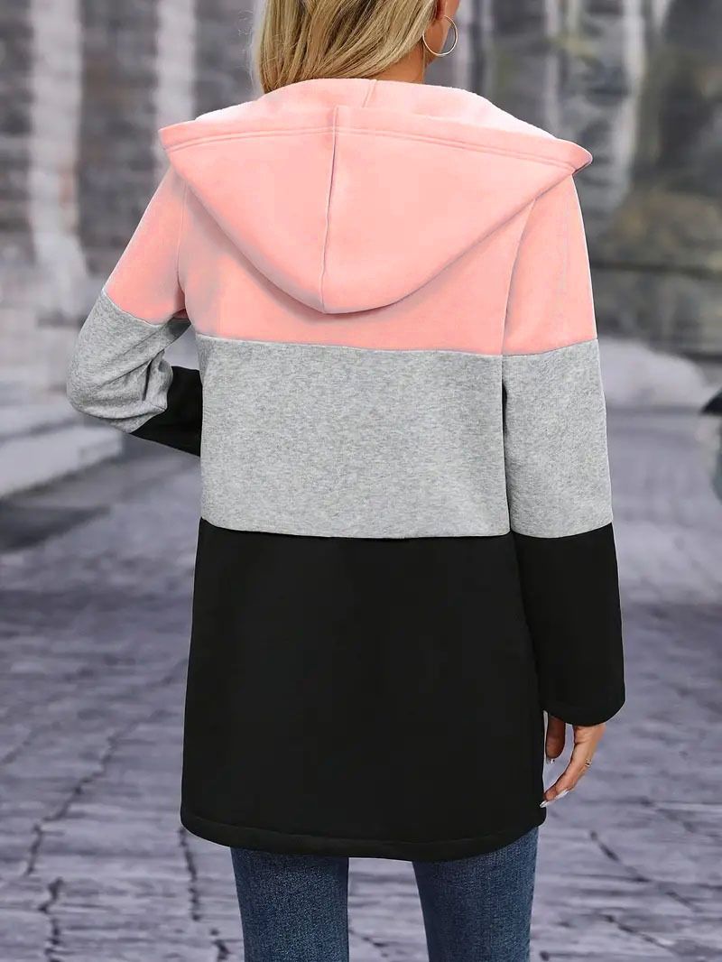 Autumn and winter women's casual fashion loose contrast color three-color stitching hooded jacket women's clothing
