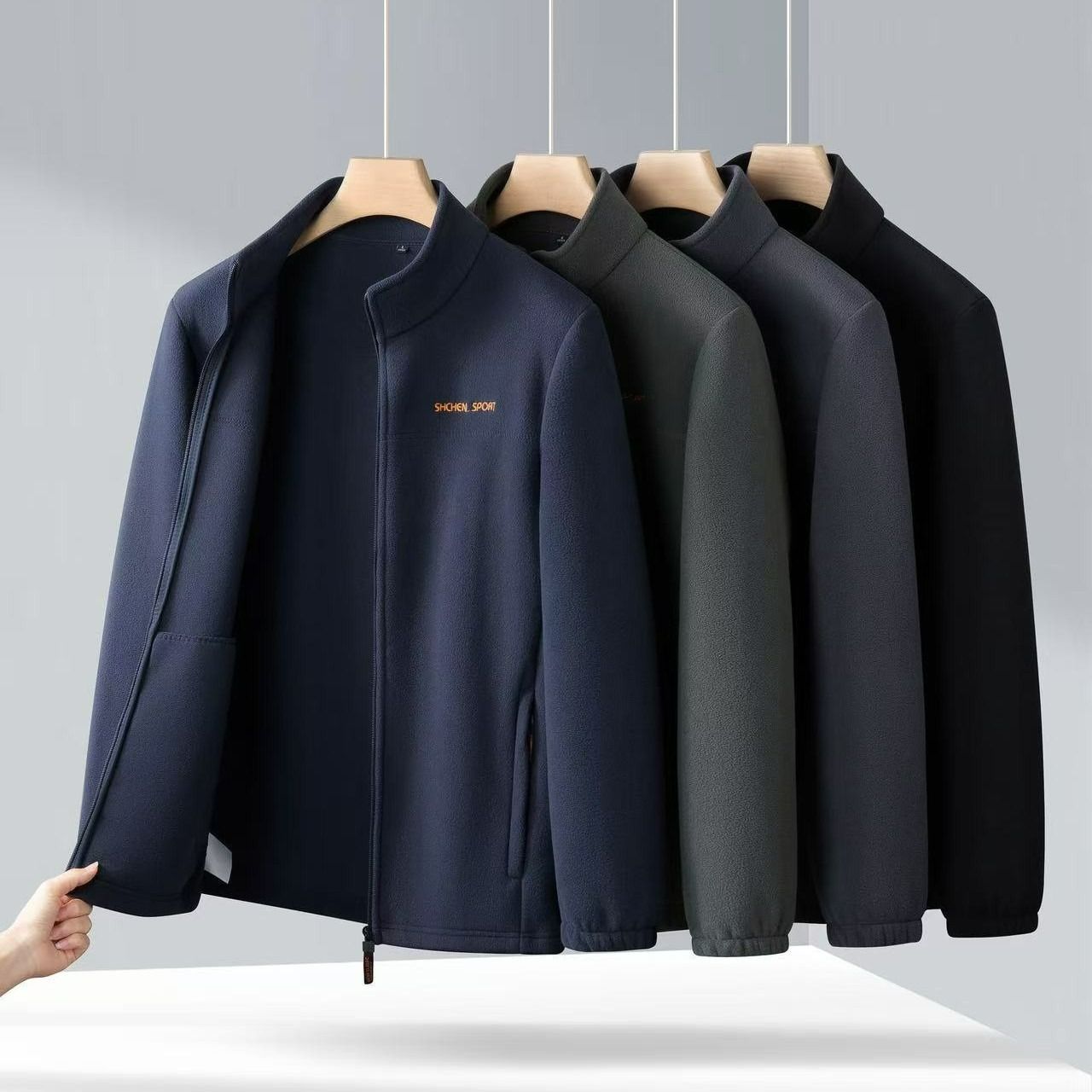 Autumn and winter polar fleece jacket tops men's jackets stand-up collar young and middle-aged men's fleece plus velvet