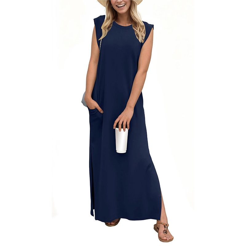 Women's 2025 Trans-Seasonal Maxi Dress - Relaxed Round Neck, Side Split Hem & Hidden Pockets