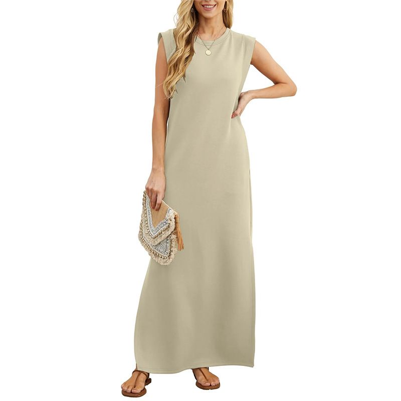 Women's 2025 Trans-Seasonal Maxi Dress - Relaxed Round Neck, Side Split Hem & Hidden Pockets