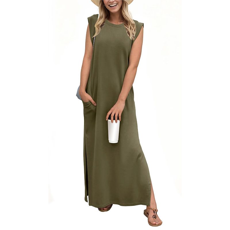 Women's 2025 Trans-Seasonal Maxi Dress - Relaxed Round Neck, Side Split Hem & Hidden Pockets