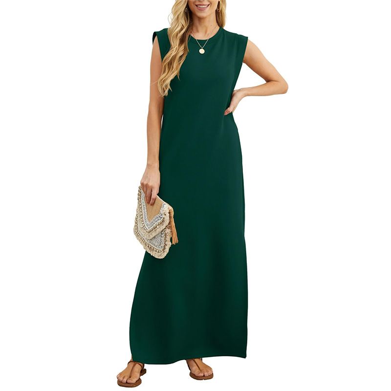 Women's 2025 Trans-Seasonal Maxi Dress - Relaxed Round Neck, Side Split Hem & Hidden Pockets