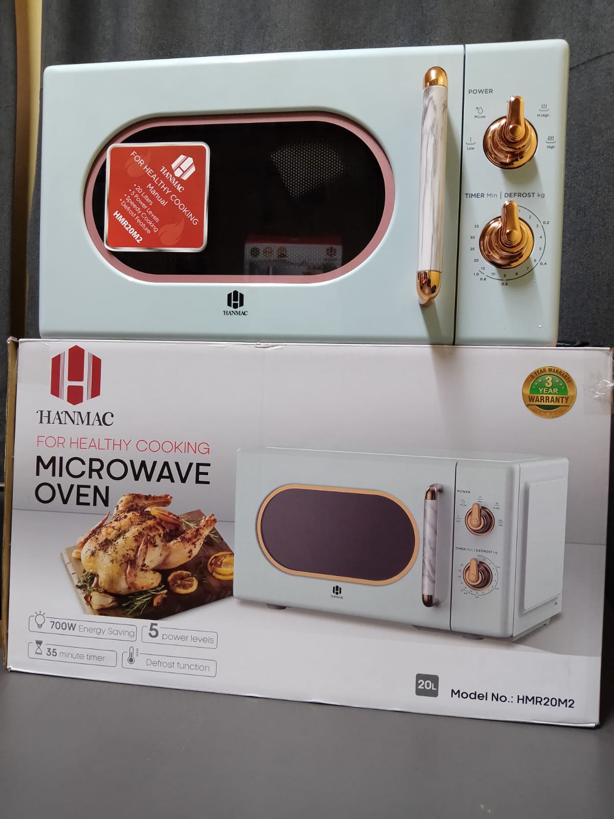 HANMAC Retro 20L Manual Microwave Oven, 700W, 5 Power Levels, Defrost 35 Min Timer
