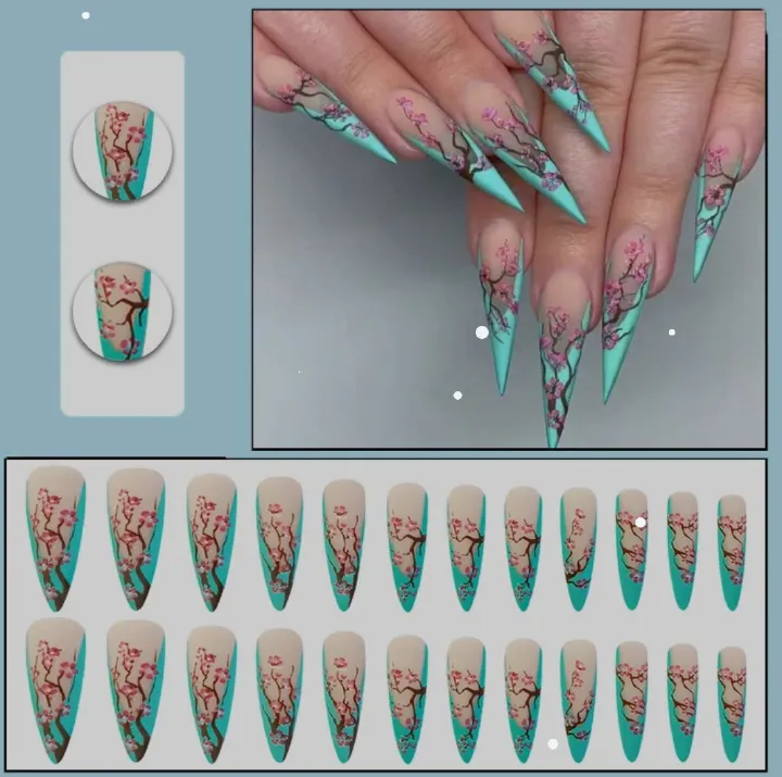 24pcs Luxury Designer Green 💚 Long Stilleto Press On Stick On Nails - 
Reusable Stick-On Acrylic Nails for Elegant & Stylish Manicure