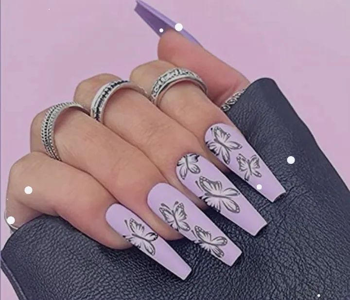 24pcs Luxury Designer Purple 💜 Butterfly Themed Long Coffin Press On Stick On Nails - Reusable Stick-On Acrylic Nails for Elegant & Stylish Manicure
