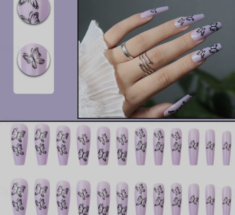 24pcs Luxury Designer Purple 💜 Butterfly Themed Long Coffin Press On Stick On Nails - Reusable Stick-On Acrylic Nails for Elegant & Stylish Manicure