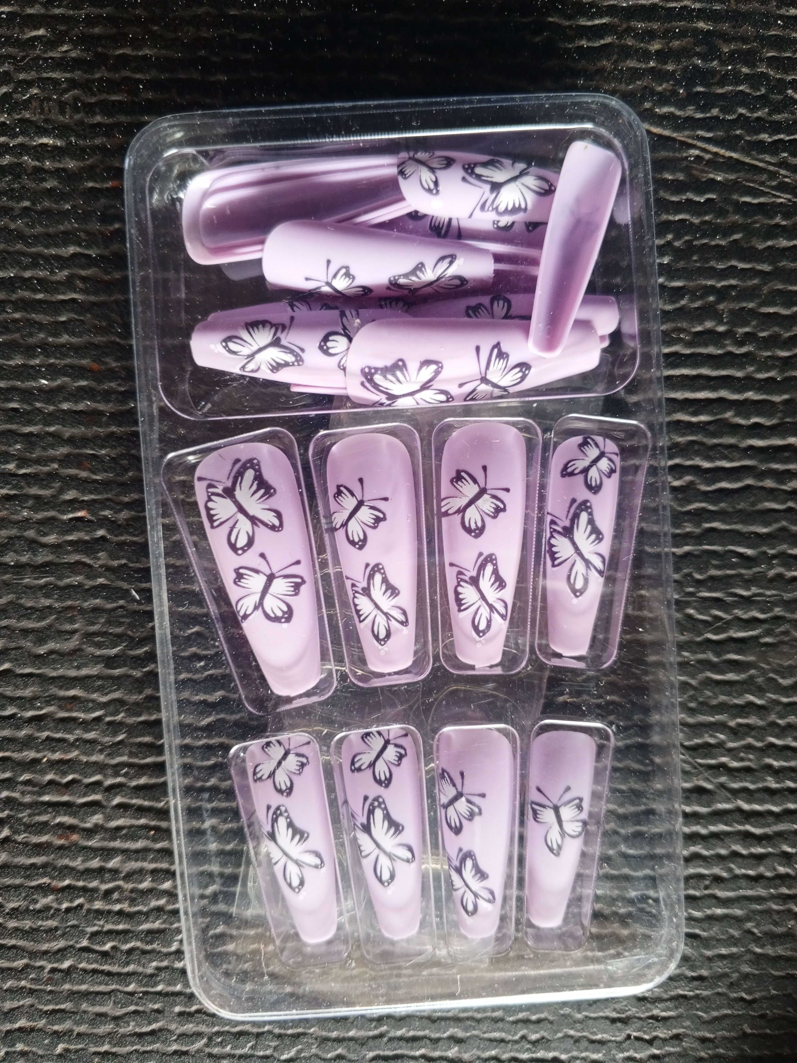 24pcs Luxury Designer Purple 💜 Butterfly Themed Long Coffin Press On Stick On Nails - Reusable Stick-On Acrylic Nails for Elegant & Stylish Manicure