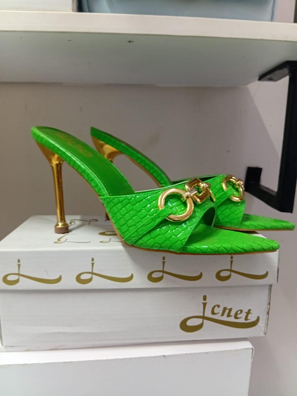 Green Stiletto Heels for Women – Luxury Python Texture Sandals with Gold Buckle & Gold Heel