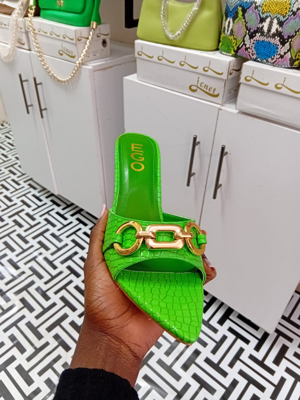 Green Stiletto Heels for Women – Luxury Python Texture Sandals with Gold Buckle & Gold Heel