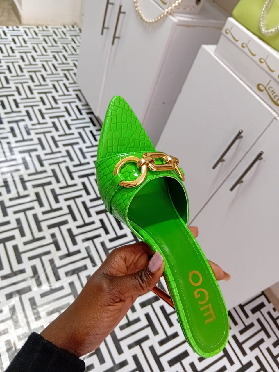 Green Stiletto Heels for Women – Luxury Python Texture Sandals with Gold Buckle & Gold Heel