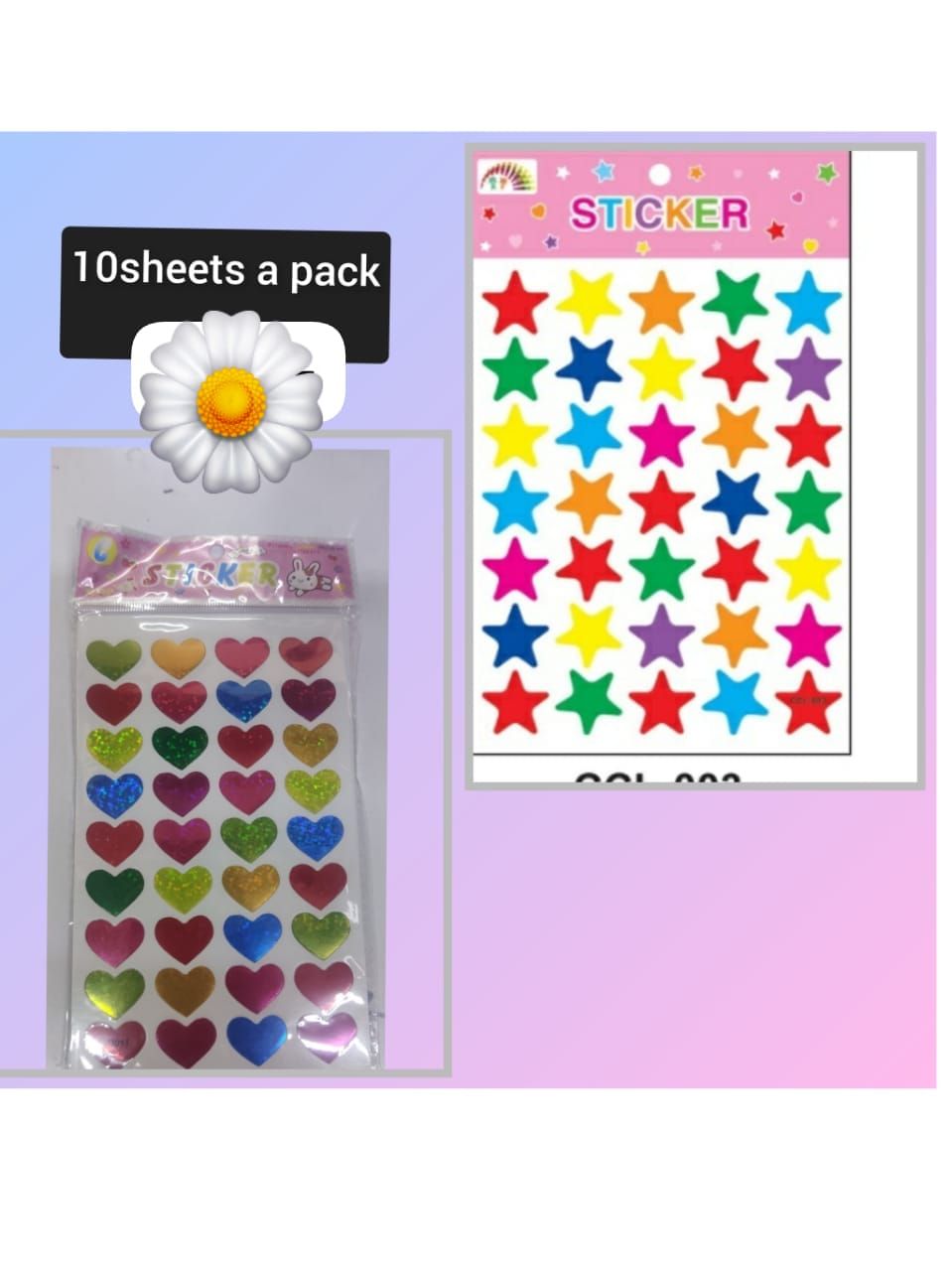 10SHEETS PACK colorful heart and star-shaped stickers. 
Content:
The pack contains sheets of self-adhesive stickers in various colors and shapes, specifically hearts and stars.
Quantity:
The image ind