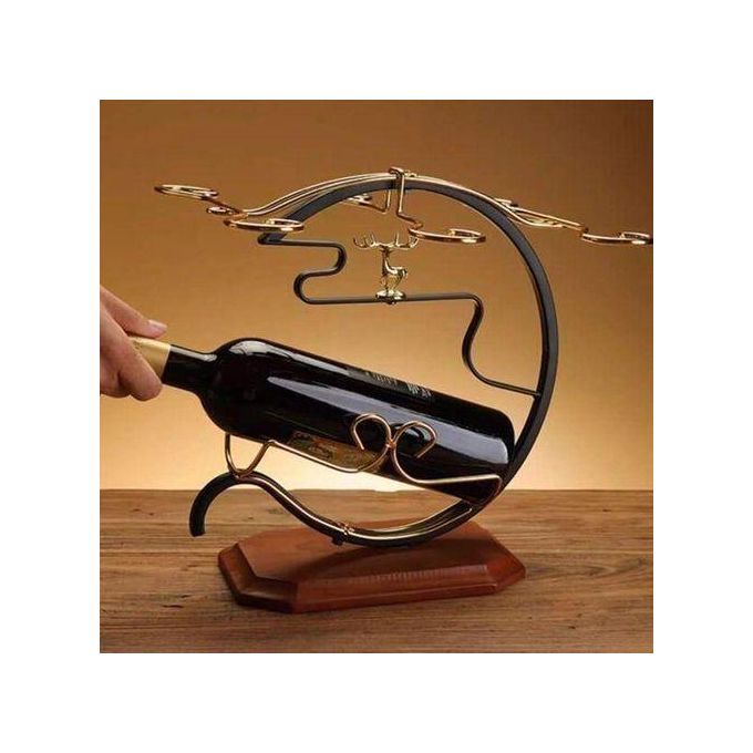 Golden Wine Deer Set Rack with 1 Slot for Wine Bottle and 6 Slots for Wine Glasses