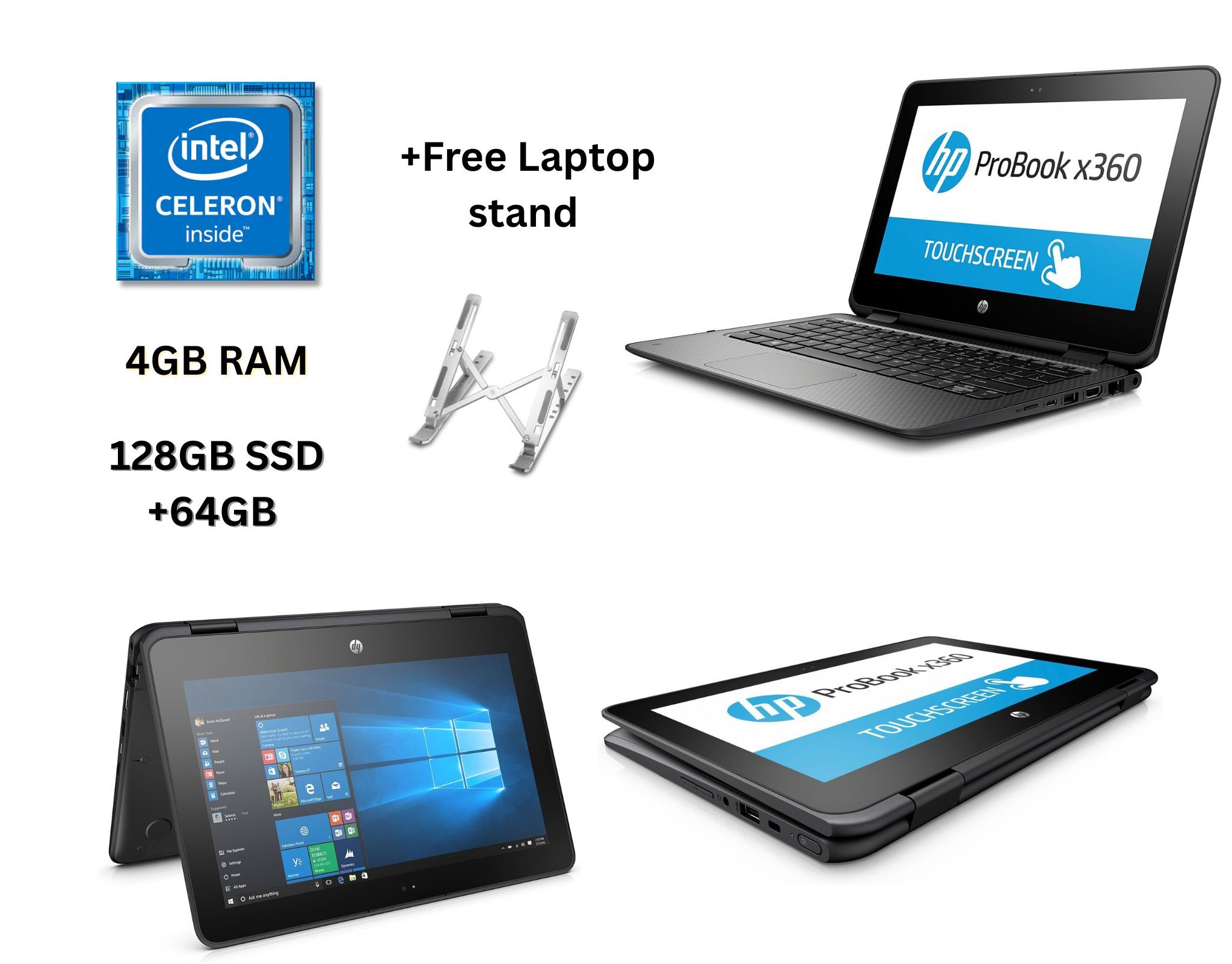 HP ProBook x360 11 G5 X360 Touchscreen, Intel celeron , 4GB RAM , 128GB SSD +64 GB , Bluetooth ,Wi-Fi Win10Pro Refurbished Laptop + Laptop Stand