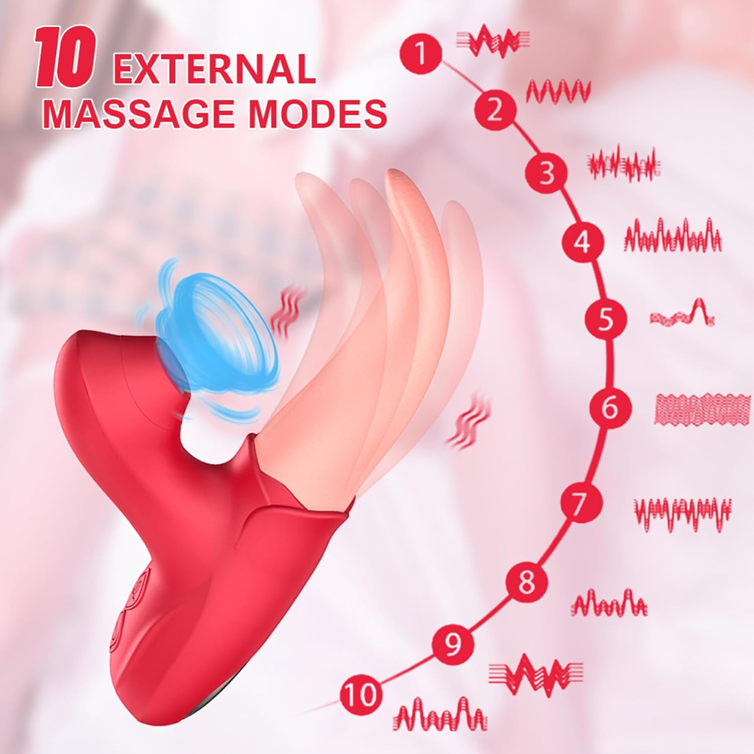 Realistic Tongue Licking Vibrator Adult Sex Toy for Women, ABS and Silicone Suction Stimulator, 10 Vibration and Suction Modes, Water-Resistant Compact Portable Quiet Design Under 50dB, Red view 4