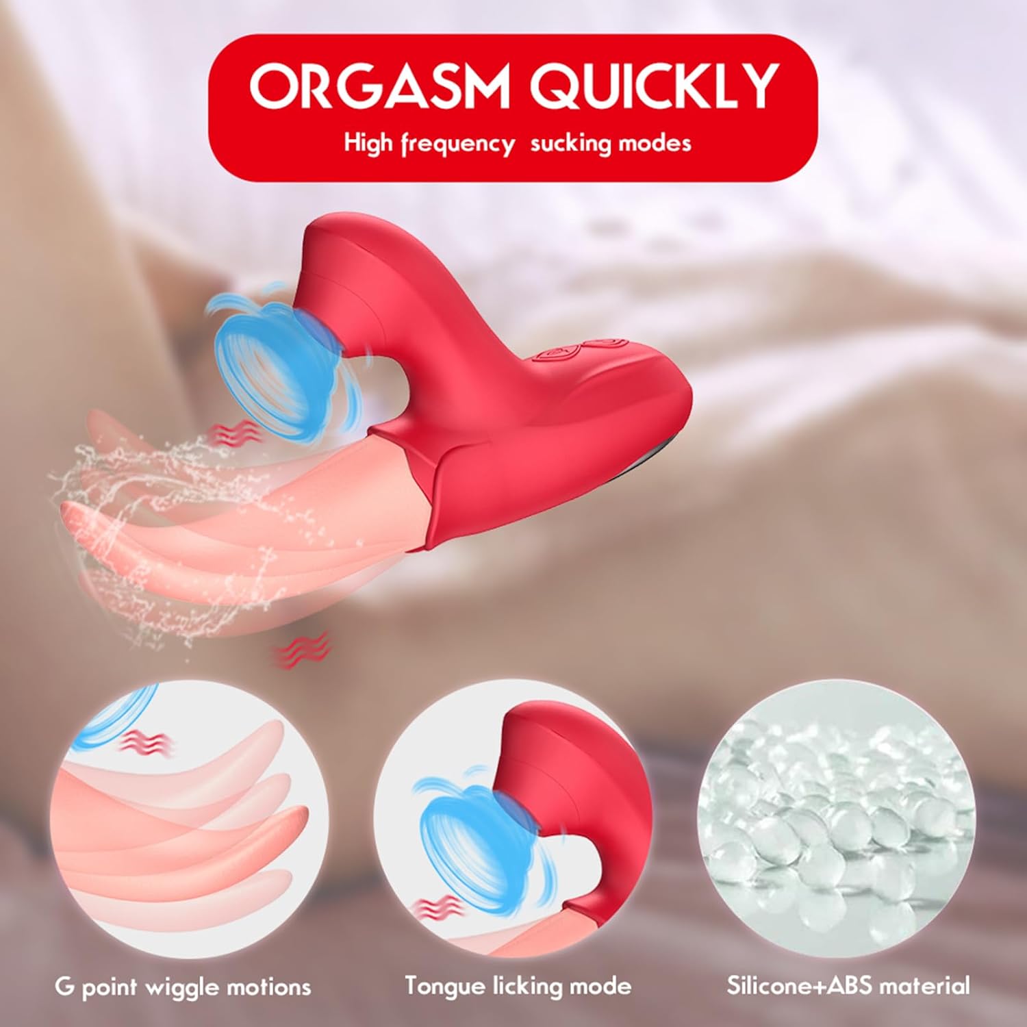 Realistic Tongue Licking Vibrator Adult Sex Toy for Women, ABS and Silicone Suction Stimulator, 10 Vibration and Suction Modes, Water-Resistant Compact Portable Quiet Design Under 50dB, Red view 7